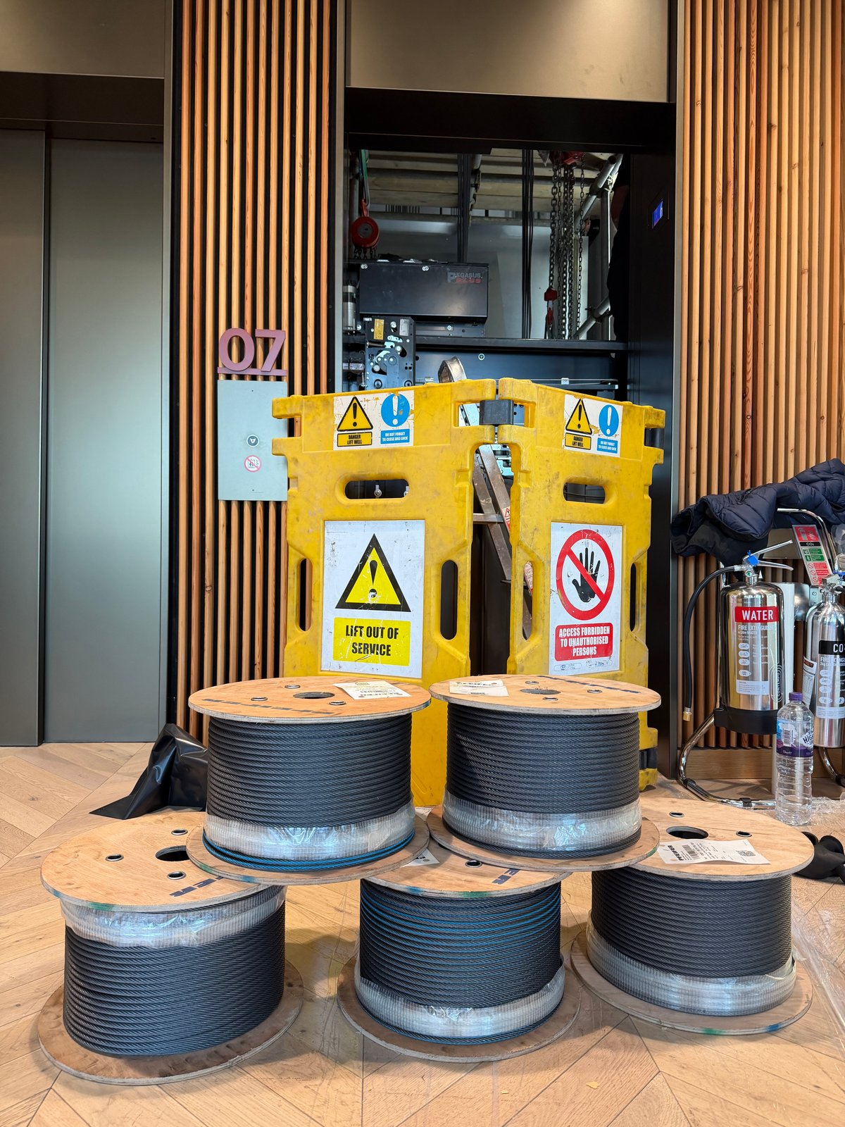 Suspension rope drums beside the barrier at Arthur Stanley House