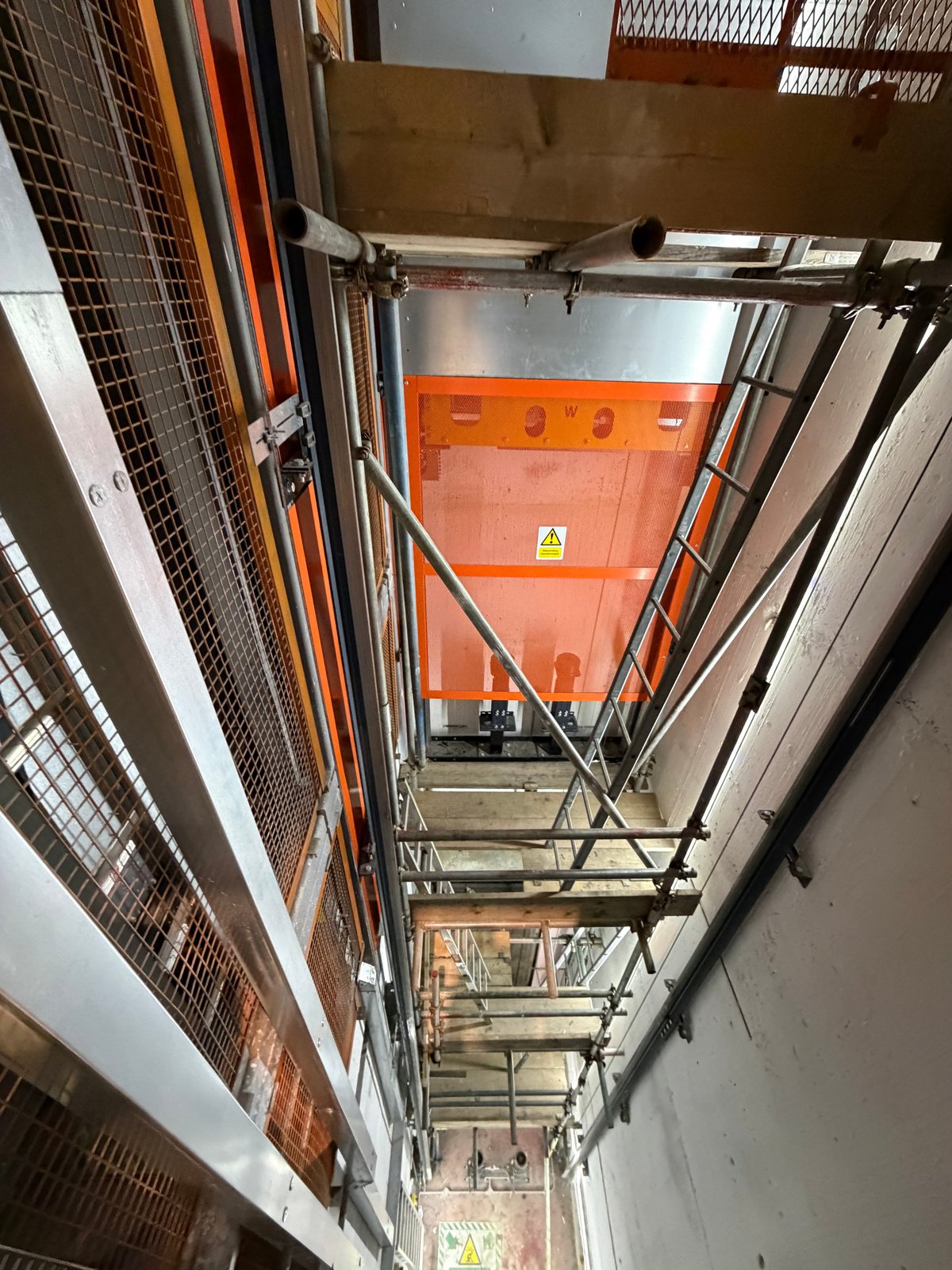 View down the lift shaft at Arthur Stanley House during the rope replacement