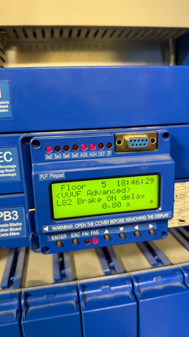 Controller service display showing brake on delay reprogrammed to 0.80 seconds