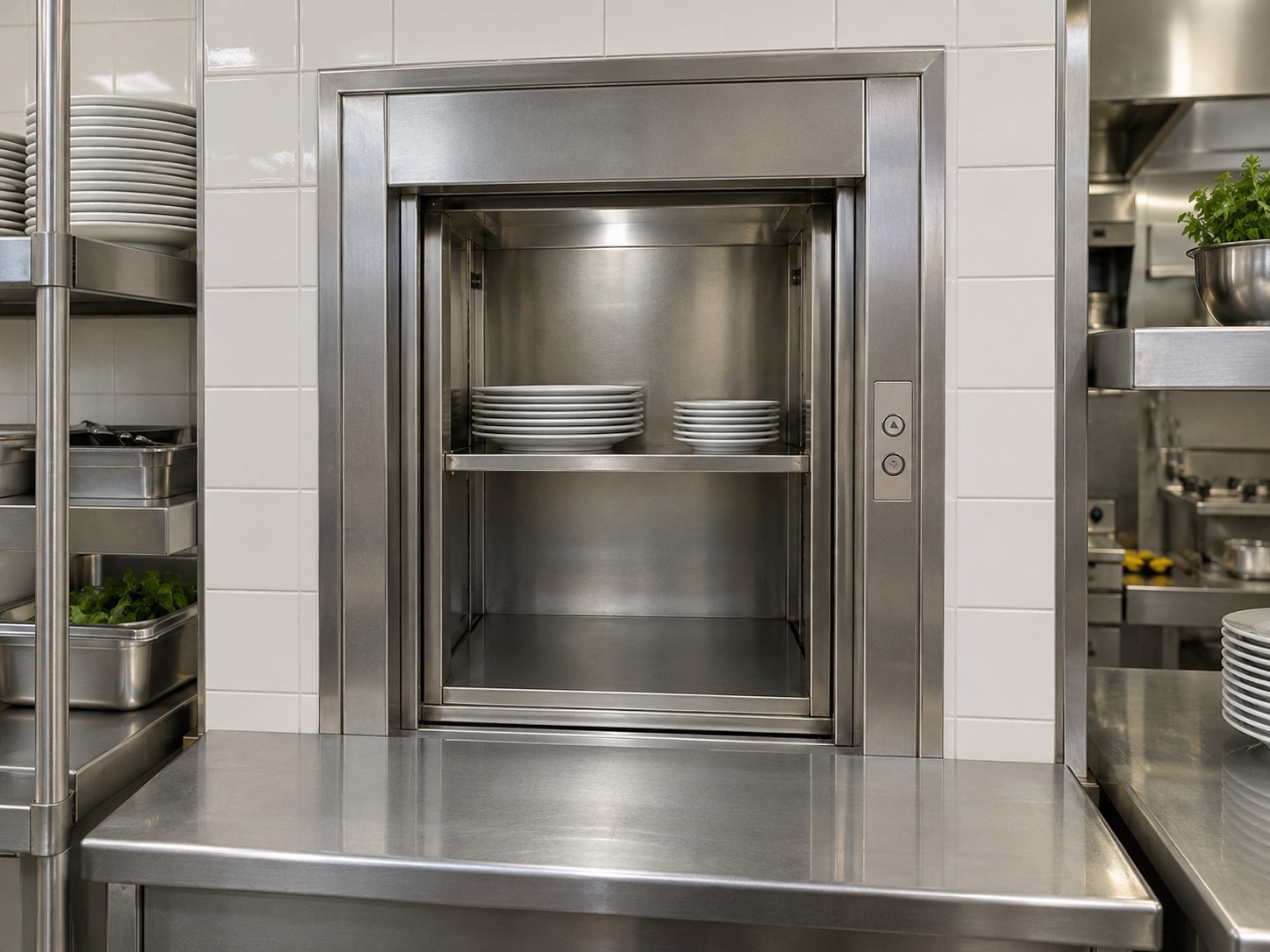 Stainless steel dumbwaiter with open service hatch and plates in a commercial kitchen