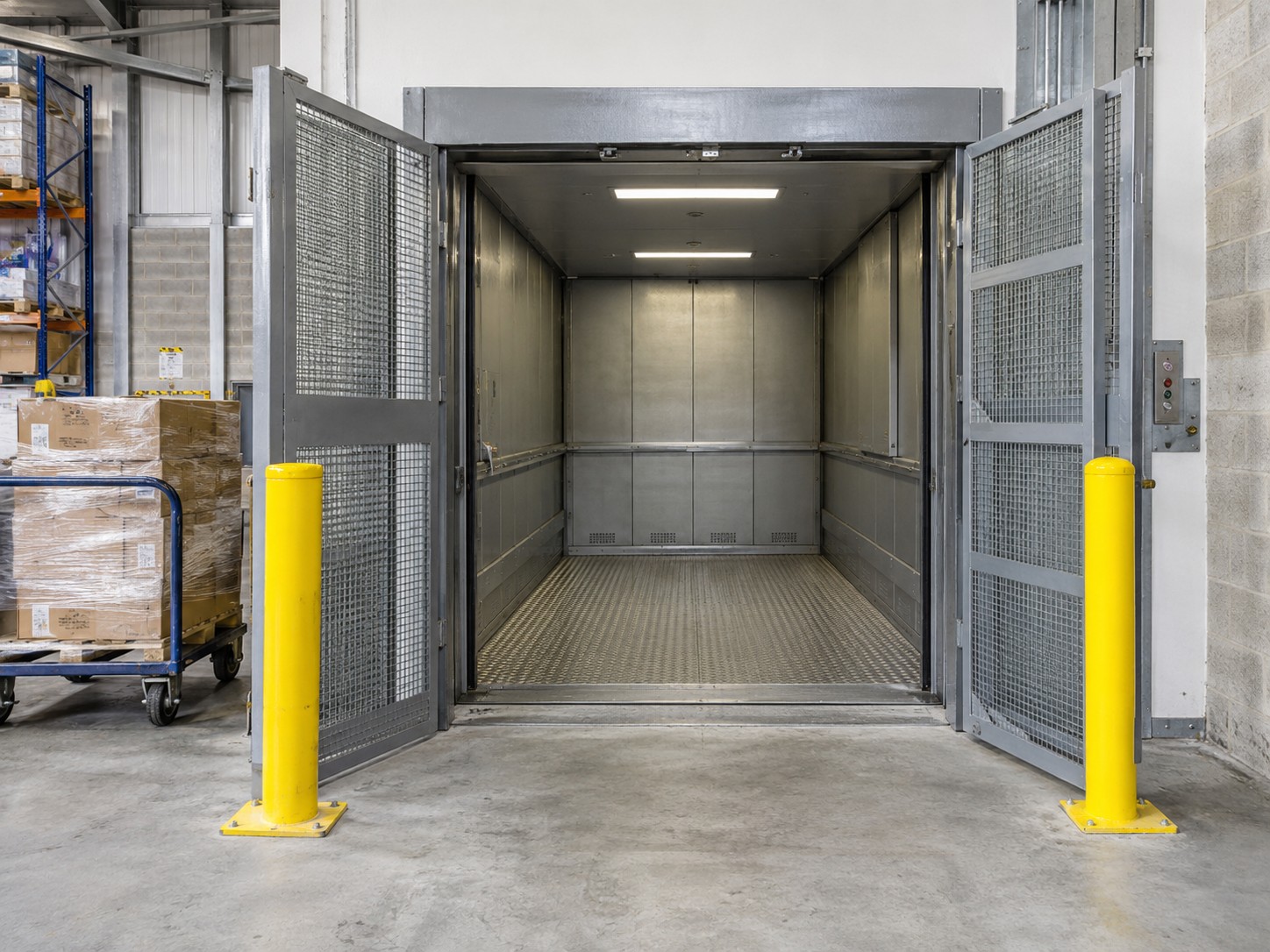 Industrial goods lift with open gates, a wide cargo cabin and protective bollards