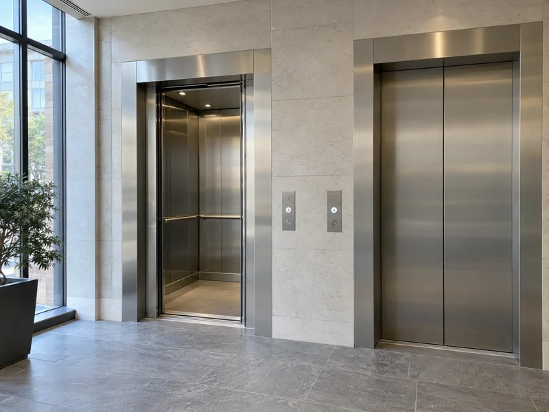Passenger lift with stainless steel doors in a contemporary lobby