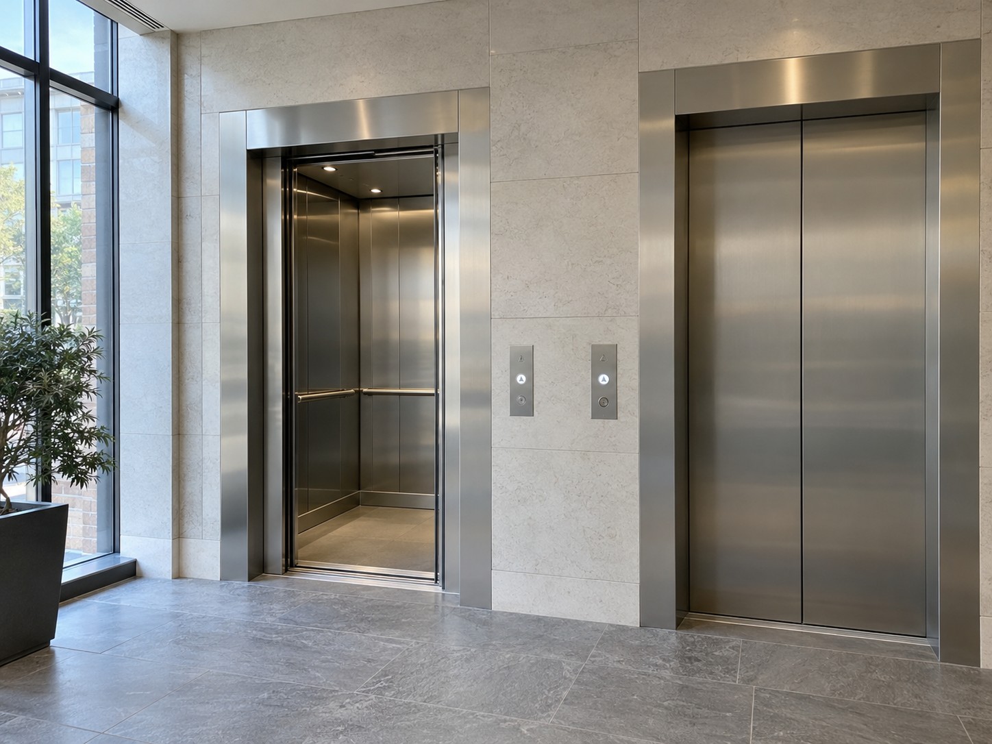 Modern passenger lift lobby with stainless steel doors and an open lift car