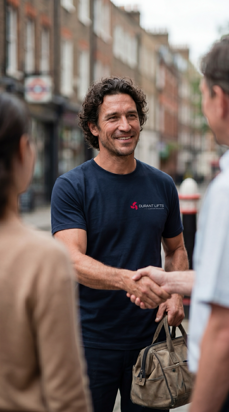 Smiling Durant Lifts engineer shaking hands with a client outside a London building