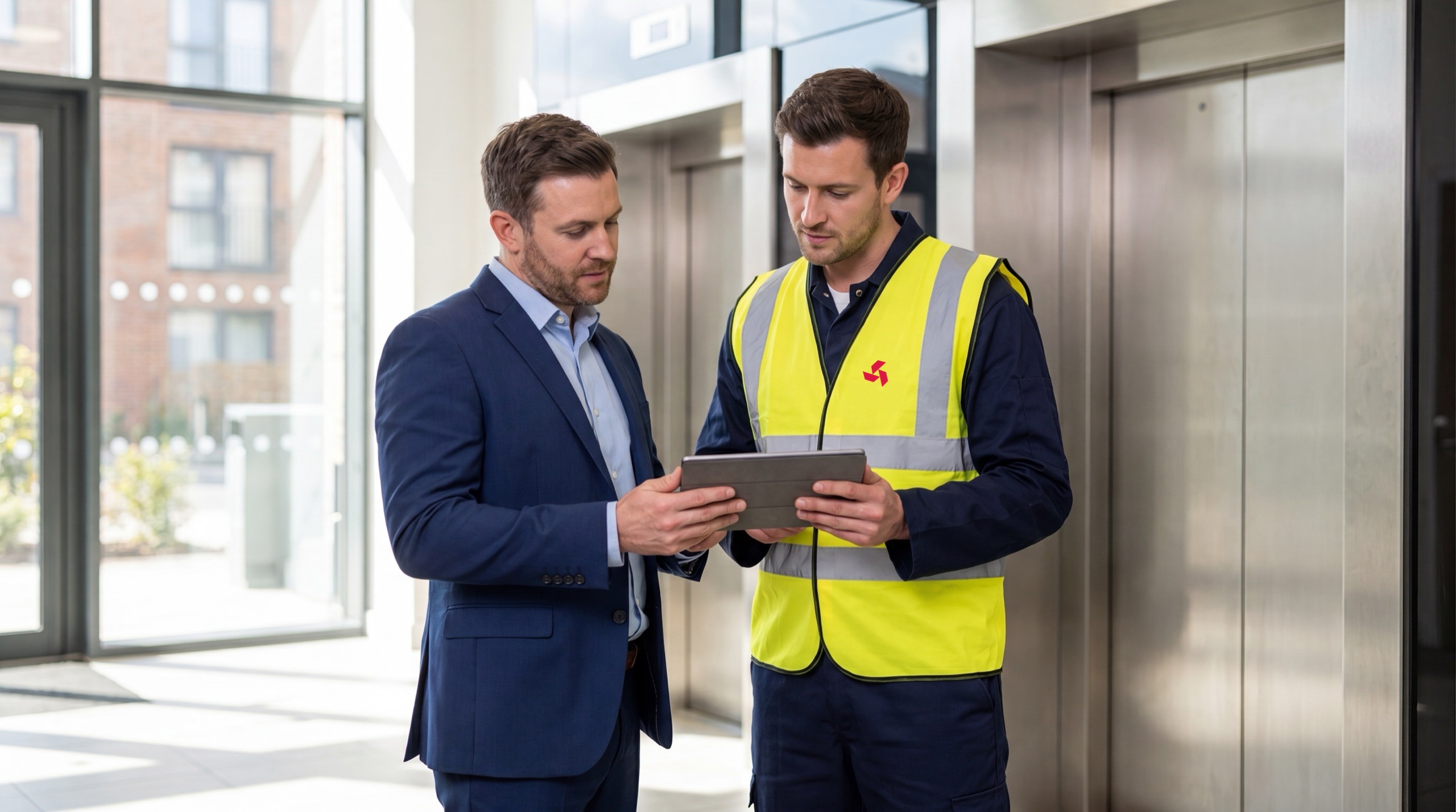 Property manager and lift engineer reviewing a maintenance logbook in a building lobby