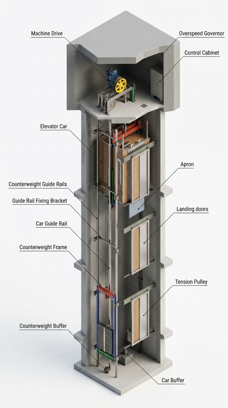 Cutaway diagram of lift components including the machine drive, control cabinet, lift car, guide rails, and buffers