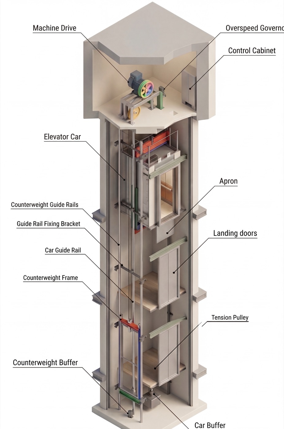 Cutaway diagram of lift components including the machine drive, control cabinet, lift car, guide rails, and buffers