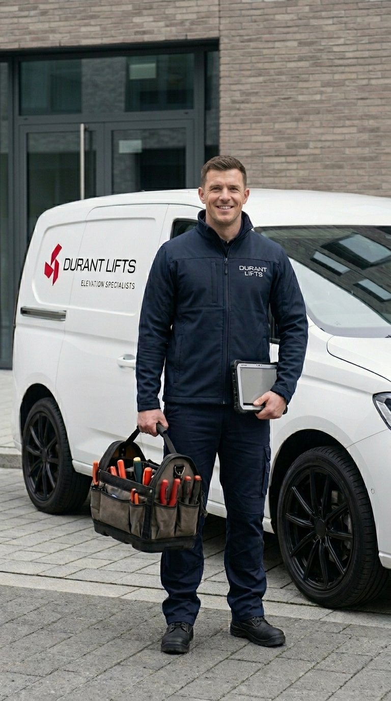 Durant Lifts engineer standing in front of a branded service van